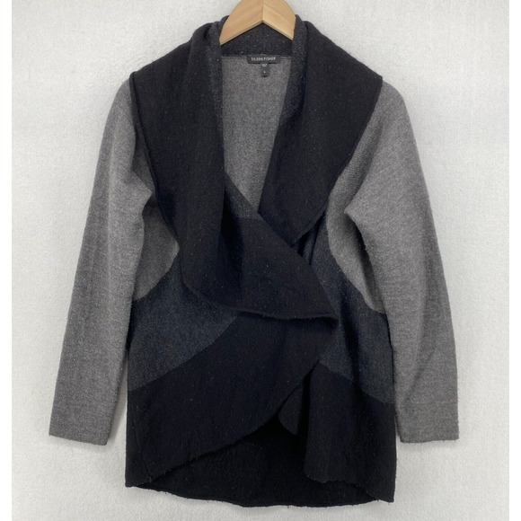EILEEN FISHER Cardigan S Merino Wool Colorblock Shawl Pin Closure Gray Black - Picture 6 of 12